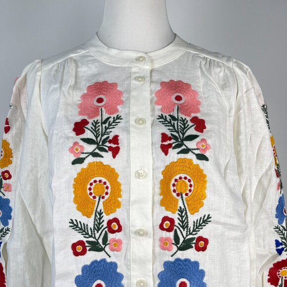 NWOT Boden Embroidered Floral Ivory Long Sleeves White Linen Top Shirt Blouse 12 - Picture 3 of 13